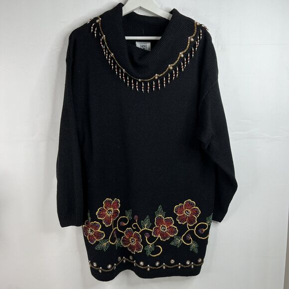 Studio Collection Size L Sweater Beaded Embroidered Holiday Tunic Cowl Neck - Picture 2 of 10